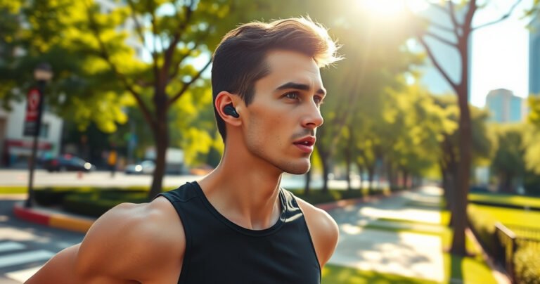 A dynamic scene of a runner in motion, wearing sleek, wireless earphones. The vibrant urban landscape blurs in the background, showcasing colorful city streets and green park trails. Sunlight filters through trees, illuminating the runner's focused expression, while sound waves ripple around them, symbolizing comfort and high-quality sound.