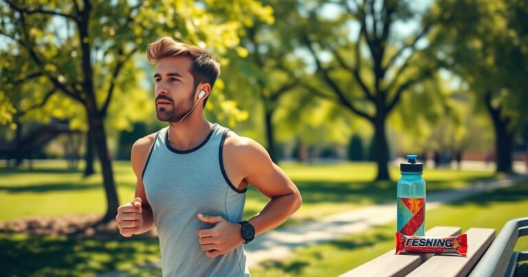 A dynamic scene of a fit person jogging through a sun-drenched park, wearing sleek, wireless earphones. Vibrant green trees sway in the breeze, while a determined expression highlights their focus. Nearby, a colorful water bottle and energy bar sit on a bench, embodying the perfect workout companion. The atmosphere radiates motivation and energy.