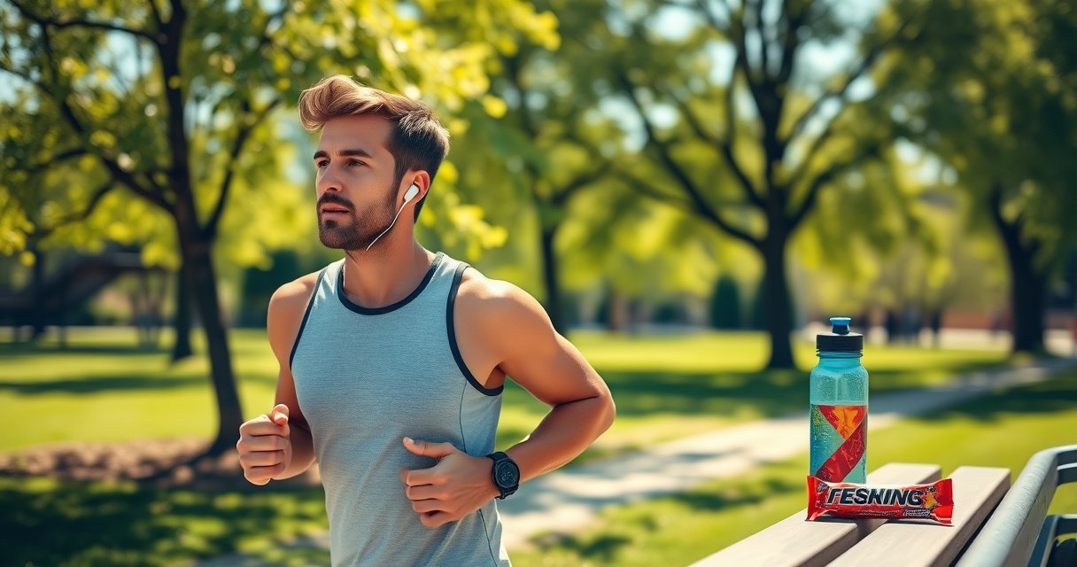 A dynamic scene of a fit person jogging through a sun-drenched park, wearing sleek, wireless earphones. Vibrant green trees sway in the breeze, while a determined expression highlights their focus. Nearby, a colorful water bottle and energy bar sit on a bench, embodying the perfect workout companion. The atmosphere radiates motivation and energy.