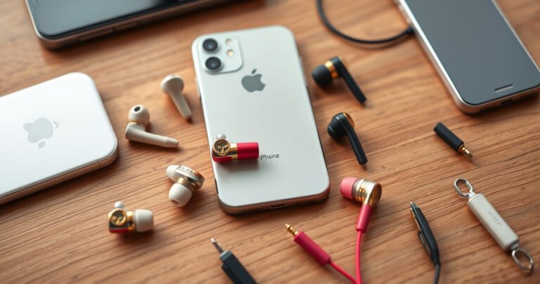 An elegant, modern flat lay of various stylish earphones designed for iPhones, showcasing their sleek designs and vibrant colors. Include a soft-focus iPhone beside them, surrounded by minimalist tech accessories on a wooden table, with warm, natural lighting that highlights the textures and details of the earphones.
