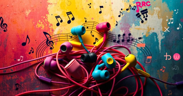 A sleek arrangement of vibrant Skullcandy earbuds in various colors, nestled among musical notes and sound waves, set against a dynamic abstract background of swirling colors and textures, radiating energy and excitement, reflecting diverse listening experiences from casual to intense. Include playful elements like small icons representing genres: rock, hip-hop, and classical.