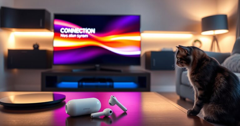 A sleek, modern living room featuring a Samsung TV displaying a vibrant connection screen, with a pair of stylish AirPods resting on a coffee table. Soft ambient lighting highlights the room's contemporary decor, while a curious cat observes the setup process. The atmosphere conveys a sense of ease and innovation in technology.
