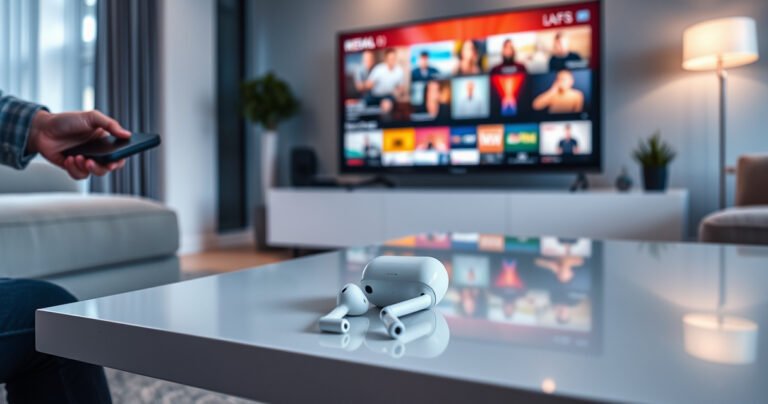 A sleek, modern living room showcasing a smart TV displaying vibrant streaming content, with a pair of stylish AirPods resting on a polished coffee table. Soft ambient lighting casts a warm glow, highlighting tech gadgets and cozy furniture, while a person adjusts the TV remote, embodying a seamless connection between audio and visual entertainment.