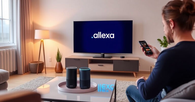 A modern living room featuring a sleek Samsung TV displaying the Alexa logo, with a smart speaker on a stylish coffee table. Soft, ambient lighting highlights a cozy atmosphere, while a user interacts with the TV using a smartphone. A tech-savvy vibe combines comfort and innovation, inviting readers to explore smart home integration.
