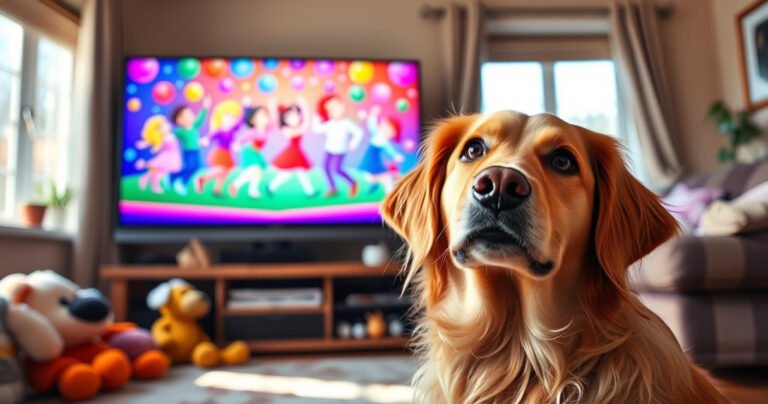 A curious golden retriever tilting its head in front of a vibrant TV screen, showcasing colorful animated characters dancing. The living room is cozy, filled with plush toys and sunlight streaming through a window, while the dog's eyes sparkle with fascination and wonder, reflecting the vivid colors of the screen.