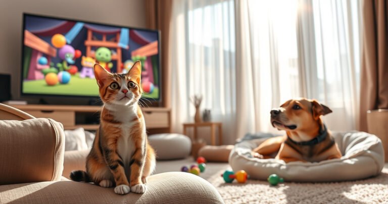 A cozy living room scene where a curious cat sits on a plush sofa, eyes wide with fascination, as a colorful animated show plays on a large screen. A playful dog lounges nearby, tilting its head in curiosity. Sunlight filters through sheer curtains, casting a warm glow over scattered toys and a comfy pet bed.
