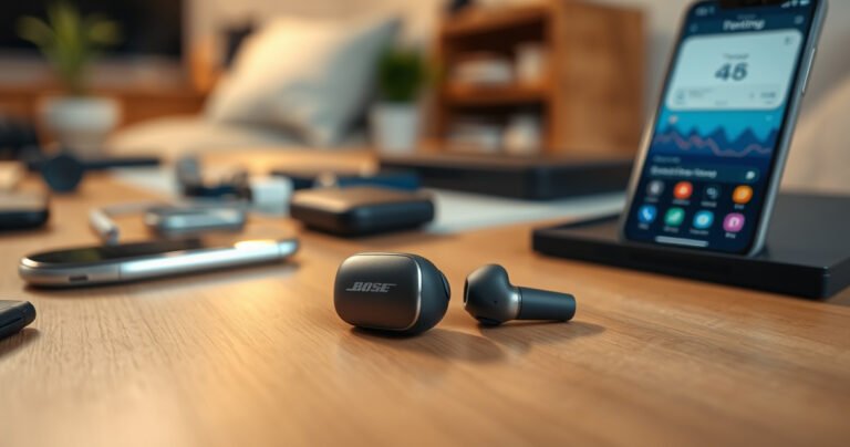 A close-up of sleek Bose earbuds resting on a modern wooden desk, surrounded by scattered tech gadgets and a smartphone with a tracking app open. Soft, ambient light highlights the earbuds’ glossy finish, while a blurred background features a cozy home environment, evoking a sense of connection and technology.