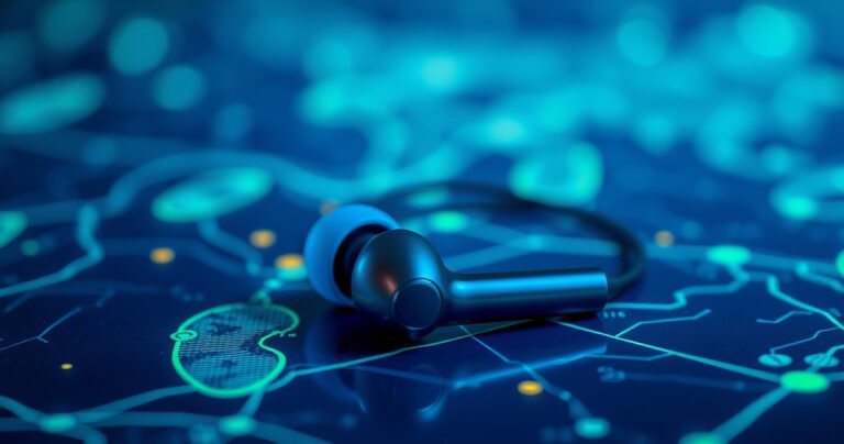 A close-up of sleek, modern earbuds resting on a vibrant, tech-inspired background, surrounded by glowing digital footprints and a faint map overlay. The scene is illuminated with a cool blue and green color palette, suggesting connectivity and tracking technology, evoking curiosity and intrigue about the potential to trace personal audio devices.