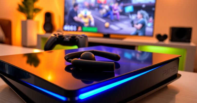 A sleek pair of modern earbuds rests on a glossy black PlayStation 5 console, with vibrant blue LED lights glowing softly. The background features a cozy gaming setup, including a stylish controller and a large screen displaying a lively gaming scene, all bathed in warm ambient lighting that evokes a sense of excitement and connection.