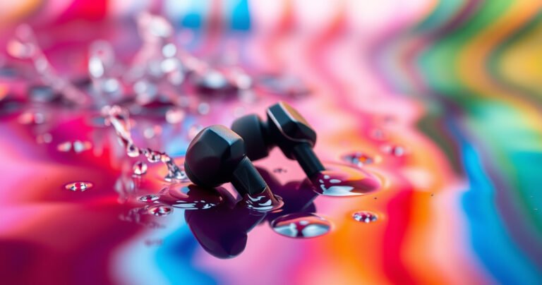 A close-up of a pair of sleek, modern earbuds resting on a vibrant, wet surface, droplets glistening in the light. Surround them with splashes of water and a blurred background of colorful, abstract waves, symbolizing sound and fluidity, creating a dynamic contrast that highlights the vulnerability of technology in the face of moisture.