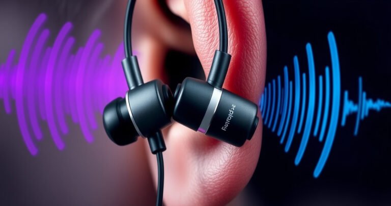 A close-up of a pair of stylish earphones tangled in vibrant sound waves, contrasting with a human ear in the background, illustrating the tension between music enjoyment and potential hearing loss. The colors shift from vivid blues and purples to muted grays, symbolizing the balance between pleasure and caution in audiophile culture.