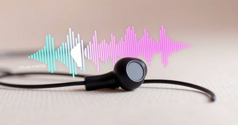 A close-up of a pair of sleek, modern earphones resting on a soft, muted background, with a vibrant soundwave graphic swirling around them. Subtle symbols of caution, like an ear silhouette and a volume meter, are integrated into the design, conveying the message of protecting hearing while enjoying music.