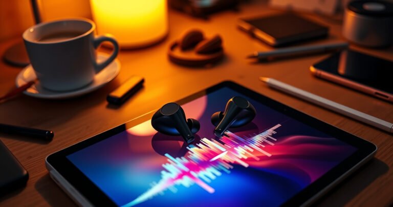 A sleek pair of Galaxy Buds resting on a vibrant, modern iPad screen displaying a colorful soundwave graphic, surrounded by a cozy workspace with warm lighting, a steaming coffee cup, and scattered tech gadgets, evoking a sense of connectivity and innovation in a stylish, minimalist setting.