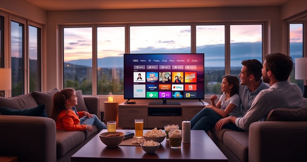 A cozy living room featuring a sleek Vizio Smart TV displaying a colorful app store interface, with a family gathered on a plush couch, excited expressions as they browse apps. Soft ambient lighting casts a warm glow, with popcorn and drinks on a coffee table, framed by large windows showing a serene evening sky.