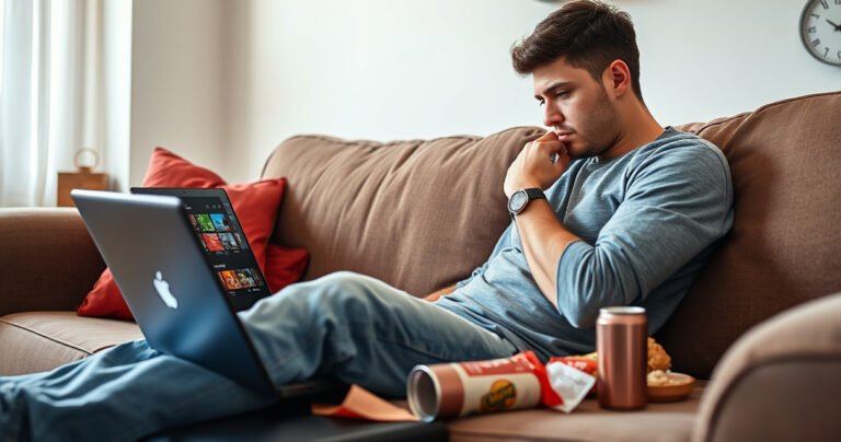 A person sitting on a cozy couch, looking perplexed at a laptop displaying the YouTube TV interface. Surrounding them are snacks and an empty soda can, while a clock on the wall shows time ticking away. Bright living room with soft lighting, reflecting the tension of decision-making and the comfort of home entertainment.