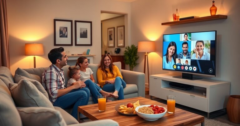 A cozy living room scene featuring a modern TV displaying a vibrant FaceTime call. A family is gathered on a plush couch, laughing and interacting with loved ones on the screen. Warm lighting highlights a stylish decor, with a coffee table holding snacks and drinks, creating a welcoming atmosphere for sharing moments together.