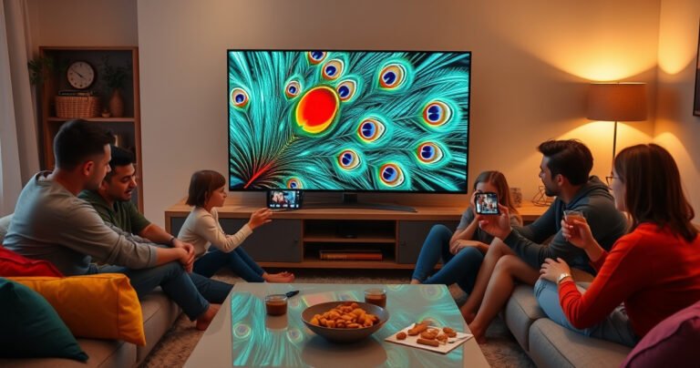 A cozy living room with a modern flat-screen TV displaying vibrant peacock feathers, a family gathered around excitedly casting content from a smartphone, warm lighting illuminating the scene, colorful cushions strewn about, and a sleek coffee table with snacks, capturing the essence of family bonding and technology in a harmonious setting.