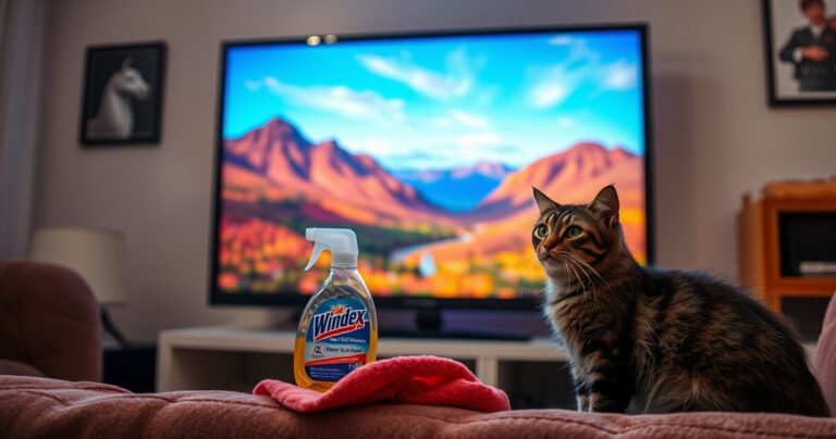 A sleek flat screen TV in a cozy living room, gleaming under soft ambient light. A bottle of Windex sits nearby, surrounded by a microfiber cloth, reflecting vibrant colors of a scenic landscape displayed on the screen. A curious cat watches intently, adding a touch of warmth and curiosity to the scene.