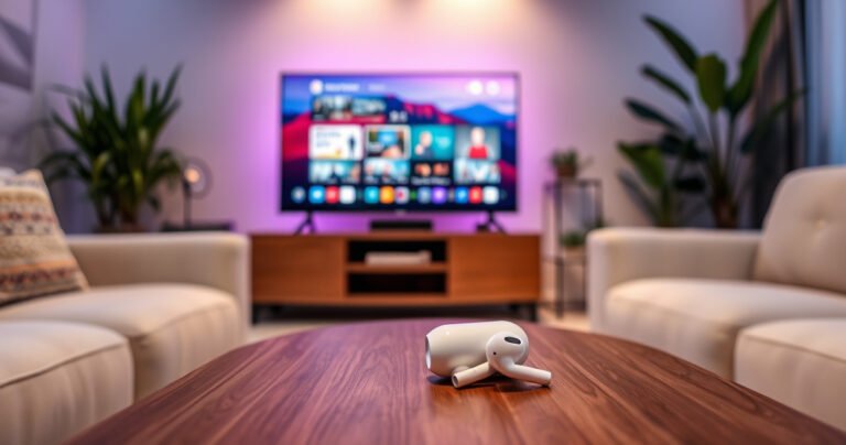 A cozy living room scene featuring a modern smart TV displaying vibrant visuals, with a pair of sleek AirPods resting on a stylish coffee table. Soft ambient lighting illuminates the space, surrounded by plush sofas and decorative plants, inviting a sense of technology and relaxation, perfect for a seamless entertainment experience.