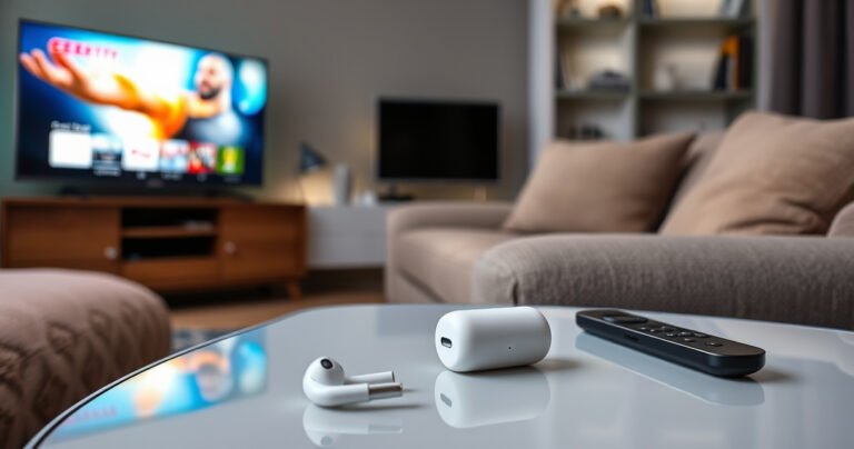A cozy living room scene featuring a modern smart TV displaying a vibrant streaming app, with a pair of sleek white AirPods resting on a stylish coffee table. Soft ambient lighting, plush cushions, and a remote control nearby create an inviting atmosphere, emphasizing the seamless connection between technology and relaxation.