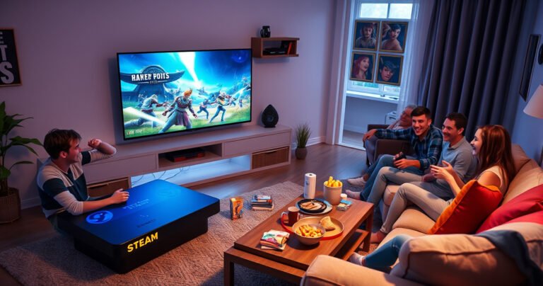 A cozy living room scene featuring a Steam Deck connected to a large flat-screen TV, vibrant game graphics illuminating the space, a plush couch adorned with colorful cushions, snacks scattered on a coffee table, and a group of friends joyfully gaming together, creating an inviting atmosphere of fun and technology.