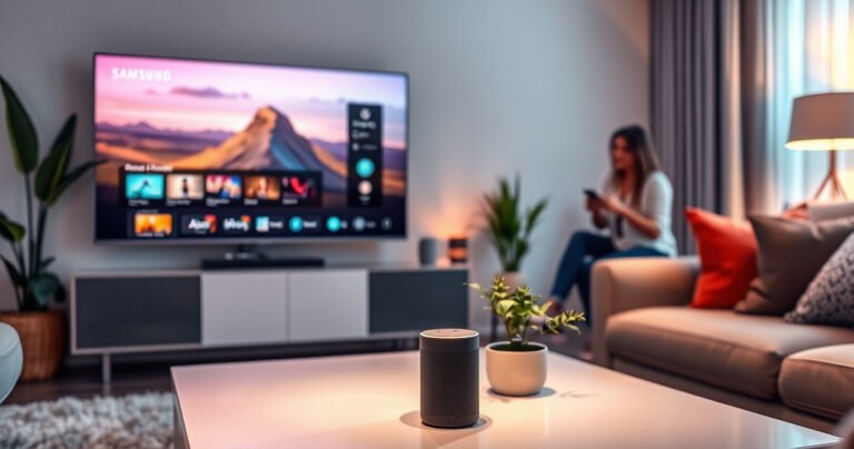 A sleek living room featuring a modern Samsung TV displaying vibrant streaming content, while an Amazon Alexa device sits on a stylish coffee table. Soft ambient lighting casts a warm glow, and a user interacts with Alexa, creating a seamless blend of technology and comfort. Decorative plants add a touch of nature to the high-tech scene.
