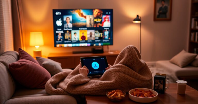 A cozy living room scene with a plush sofa and a large TV displaying colorful Apple TV show thumbnails. A person, wrapped in a soft blanket, holds a tablet with a download icon glowing brightly. Warm light from a nearby lamp casts a comforting glow, while snacks are scattered on a coffee table, inviting relaxation.