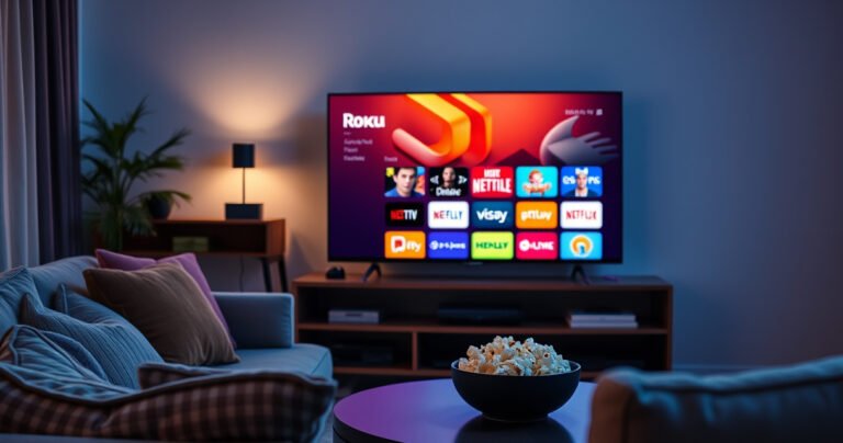 A cozy living room with a modern smart TV displaying the Roku interface, vibrant colorful app icons glowing on the screen. A comfortable sofa adorned with plush cushions, soft ambient lighting, and a bowl of popcorn on a coffee table, capturing a relaxed atmosphere perfect for streaming and entertainment.