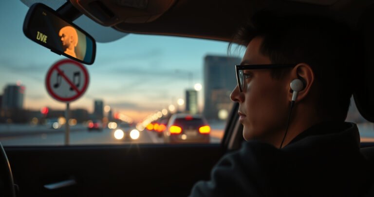 A close-up view of a car interior with a driver wearing stylish earbuds, glancing cautiously at the road. Bright city lights illuminate the scene at dusk, while a ghostly outline of a traffic sign reads “No Headphones.” The tension between modern convenience and safety is palpable, creating a compelling visual narrative.