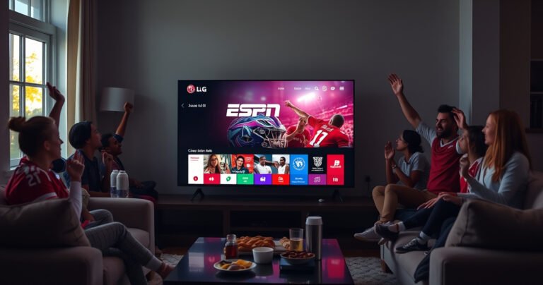 A sleek LG TV displaying the vibrant ESPN app interface, surrounded by a cozy living room setup. Soft evening light filters through a window, illuminating a plush couch with snacks and drinks on a coffee table, while excited fans in sporty attire cheer and celebrate, creating an atmosphere of anticipation and enthusiasm for sports.