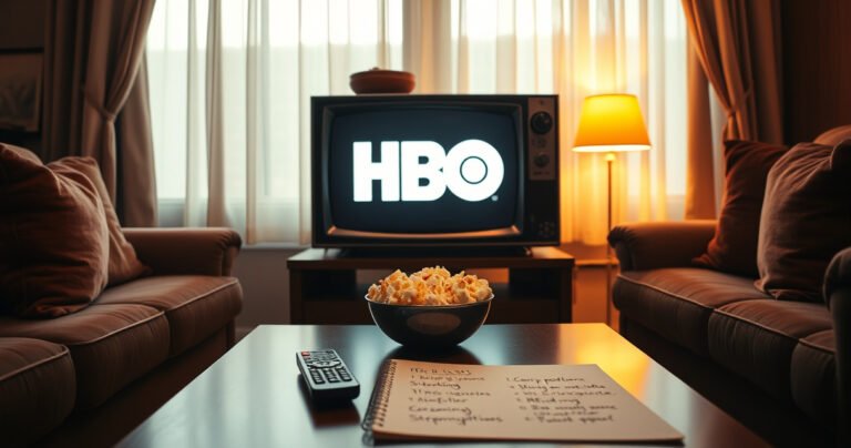 A cozy living room with a vintage television displaying the iconic HBO logo, surrounded by plush cushions and a bowl of popcorn. Soft, warm lighting casts a welcoming glow, while a coffee table holds a remote control and a notepad with scribbled notes about streaming options, creating an inviting atmosphere for movie night.