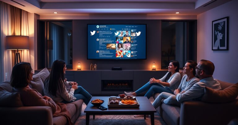 A cozy living room with a large flat-screen TV displaying a vibrant Twitter feed, colorful tweets and images floating around. A family lounging on a stylish sofa, engaged and laughing, with snacks on a coffee table. Soft ambient lighting, the glow of the screen illuminating their faces, creating a warm and inviting atmosphere.