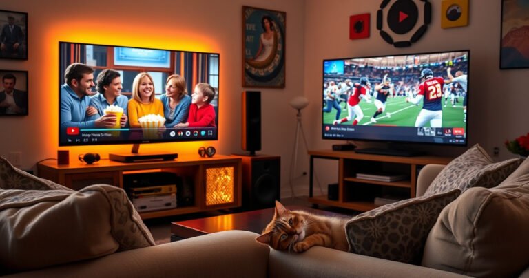 A cozy living room with two flat-screen TVs displaying YouTube TV, one showing a family movie night with popcorn and laughter, the other streaming a live sports game. Warm ambient lighting, plush sofas, and colorful wall art create an inviting atmosphere, while a curious cat lounges nearby, embodying the essence of shared entertainment and connection.