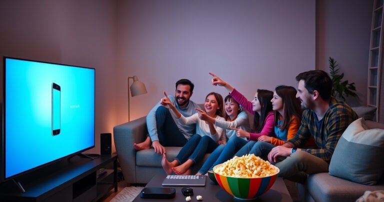 A cozy living room with a modern flat-screen TV displaying a bright smartphone screen mirroring interface. A family is gathered on a comfortable couch, excitedly pointing at the TV. Soft ambient lighting highlights the room, with tech gadgets subtly placed around. A colorful bowl of popcorn sits on the coffee table, adding a playful touch.