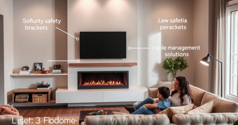 A modern living room showcasing a stylish fireplace with a sleek flat-screen TV mounted above it, surrounded by cozy decor. Soft lighting casts warm shadows, highlighting safety brackets and cable management solutions. A family relaxes on a plush sofa, emphasizing comfort and practicality, while the fireplace crackles softly, creating a welcoming atmosphere.
