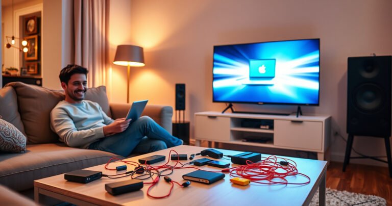 A cozy living room scene with a modern TV displaying a laptop screen, surrounded by soft lighting. A person sits on a plush sofa, happily connecting devices, while colorful cables and tech gadgets are scattered on a stylish coffee table. Warm hues create an inviting atmosphere, emphasizing the ease of tech connectivity at home.