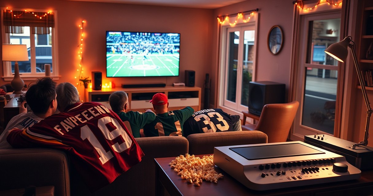 A cozy living room filled with excitement, a large flat-screen TV displaying an NFL game, colorful team jerseys draped over a couch, popcorn scattered on a coffee table, and a gleaming recording device nearby, all illuminated by the warm glow of soft lighting, capturing the essence of game day anticipation and family gatherings.