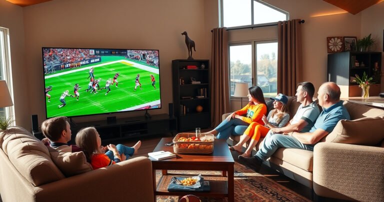 A cozy living room with a large flat-screen TV displaying an NFL game, family and friends gathered on a plush sofa, snacks on a coffee table, vibrant team jerseys, excitement in the air, warm lighting creating an inviting atmosphere, a football on the floor, and a window showing a sunny day outside.