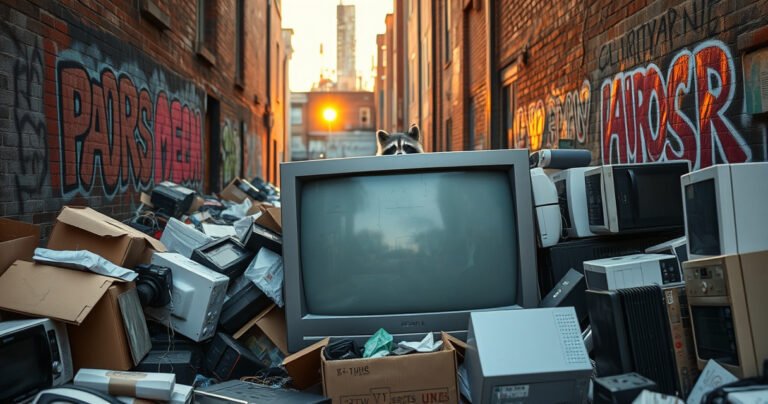 A cluttered urban alley filled with discarded electronics, prominently featuring a broken TV surrounded by crumpled boxes and old appliances. Graffiti-covered brick walls loom in the background, and a faint sunset casts a warm glow, highlighting the environmental impact of e-waste. A curious raccoon peeks from behind the TV, adding a touch of life to the scene.