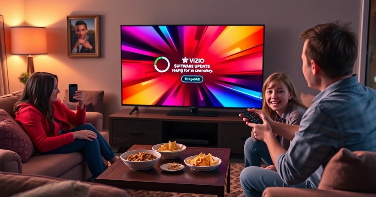 A vibrant living room scene featuring a sleek Vizio Smart TV displaying a colorful software update screen, surrounded by a cozy couch, snacks on a coffee table, and warm lighting. The atmosphere conveys excitement and ease, with a hint of technology, as a curious family member eagerly interacts with the remote, ready to update.