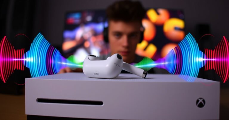 A sleek pair of Apple Earbuds resting atop an Xbox console, surrounded by colorful sound waves emanating from the earbuds, with a gamer in the background, intensely focused on a vibrant gaming screen, creating an energetic atmosphere that highlights the fusion of modern technology and gaming culture.
