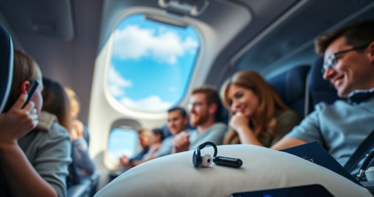 An airplane cabin filled with passengers, some comfortably using Bluetooth earbuds while others curiously glance at them. Above, a bright blue sky through the window, soft clouds drifting by. In the foreground, a close-up of sleek, modern earbuds lying on a travel pillow, surrounded by travel essentials like a passport and a smartphone.