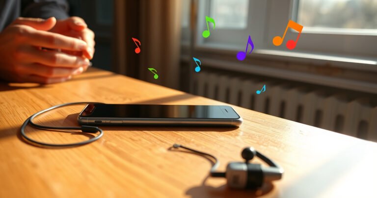 A vibrant scene of a stylish iPhone resting on a wooden table, with sleek JBL earbuds nearby. The sunlight streams through a window, casting soft shadows, while a pair of hands is seen effortlessly connecting the earbuds to the phone. Colorful music notes float around, symbolizing harmony and compatibility in technology.