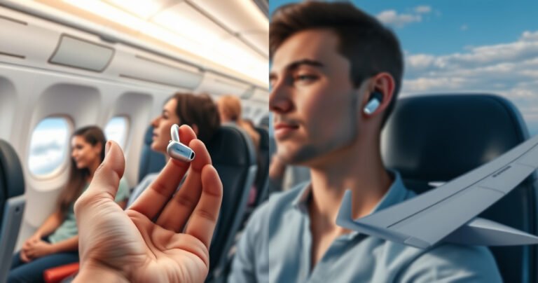 A serene airplane cabin interior with passengers comfortably seated, each wearing stylish wireless earbuds. Soft ambient lighting enhances the calm atmosphere, while clouds drift outside the large windows. A close-up of a hand delicately holding an elegant wireless earbud, with a subtle reflection of airplane wings in the background, symbolizing a seamless travel experience.
