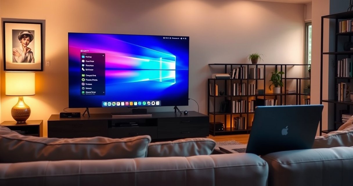 A modern living room featuring a sleek smart TV displaying a vibrant computer desktop, with a cozy couch in the foreground, a stylish laptop connected via HDMI, and warm ambient lighting. The walls adorned with art and bookshelves, creating a seamless blend of entertainment and productivity, inviting viewers to explore the dual functionality of technology.