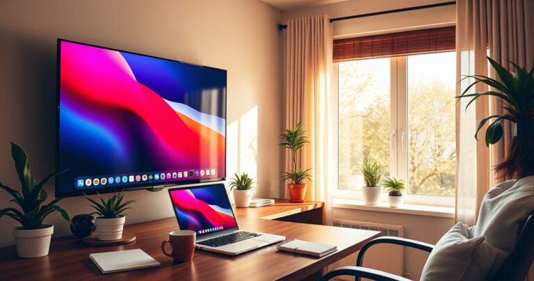 A cozy home office scene featuring a sleek, modern setup with a large flat-screen TV displaying a colorful desktop, a laptop on a wooden desk, potted plants, and a comfortable chair. Warm sunlight filters through a window, casting soft shadows, while scattered notebooks and a coffee mug add a touch of creativity and productivity.