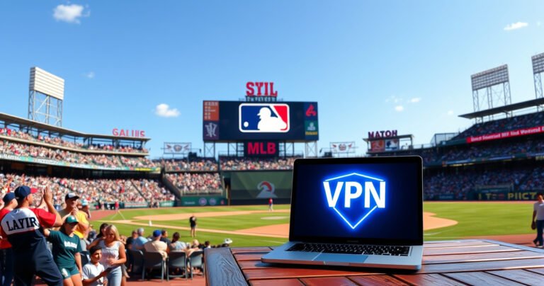 A vibrant baseball stadium under a clear blue sky, fans cheering passionately, with a giant screen displaying the MLB logo. In the foreground, a laptop open on a picnic table, the VPN icon glowing, symbolizing digital freedom. Colorful banners and team jerseys create an energetic atmosphere, blending technology with the excitement of America’s favorite pastime.