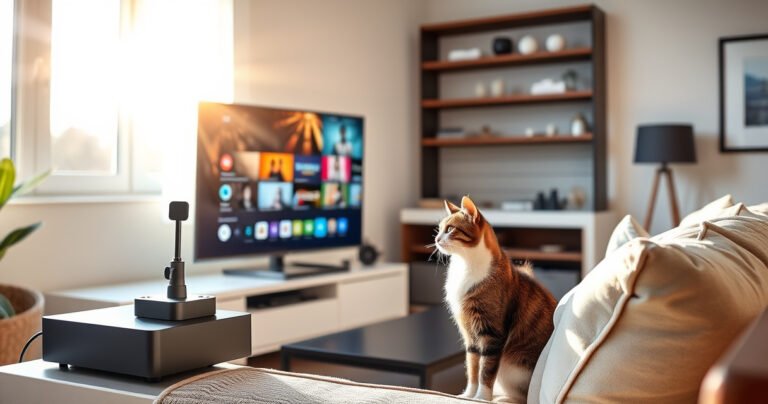 A modern living room featuring a sleek smart TV displaying vibrant channels, with a stylish indoor antenna elegantly placed on a shelf. Sunlight streams through a window, casting warm light on the cozy furniture and tech gadgets, while a curious cat inspects the antenna, embodying a blend of technology and home comfort.