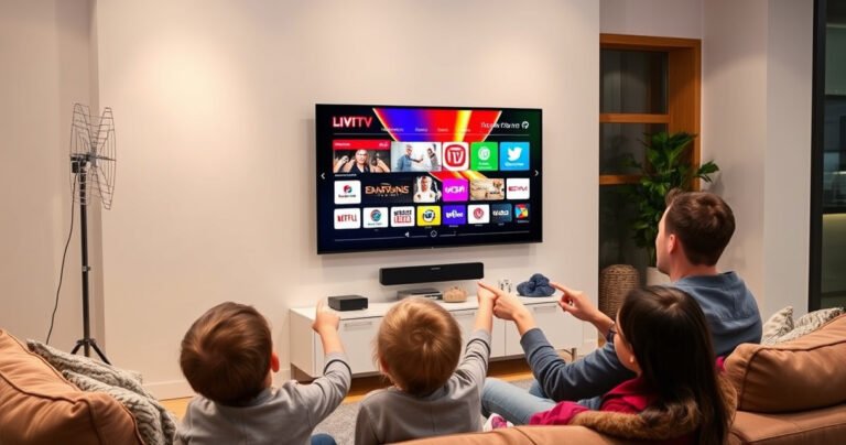 A sleek modern living room featuring a stylish smart TV mounted on the wall, displaying vibrant digital channels. A shiny antenna sits elegantly beside it, surrounded by cozy furniture and soft lighting. A curious family gathers around, fingers pointing at the screen, with a hint of excitement and wonder in their expressions.