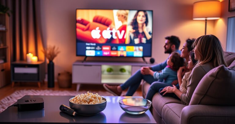 A cozy living room scene with a glowing television displaying colorful Apple TV visuals, a sleek Firestick plugged in, a bowl of popcorn on a stylish coffee table, warm ambient lighting, and a family eagerly watching together on a comfortable couch, embodying the joy of streaming entertainment.